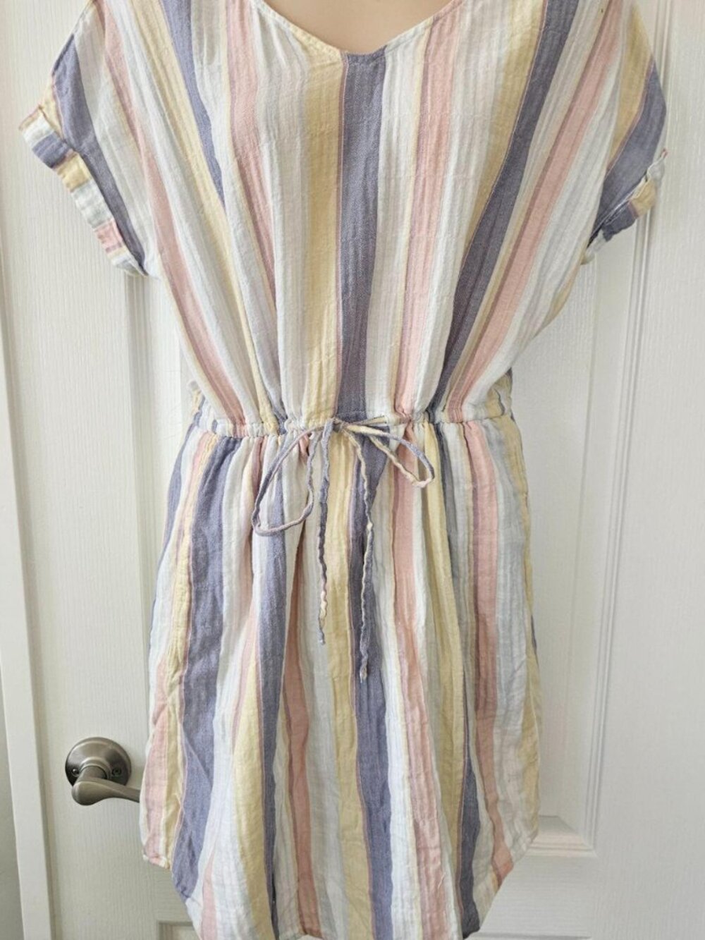 Pastel Stripe Mini Dress Beachy Coastal Casual Drawstring Summer